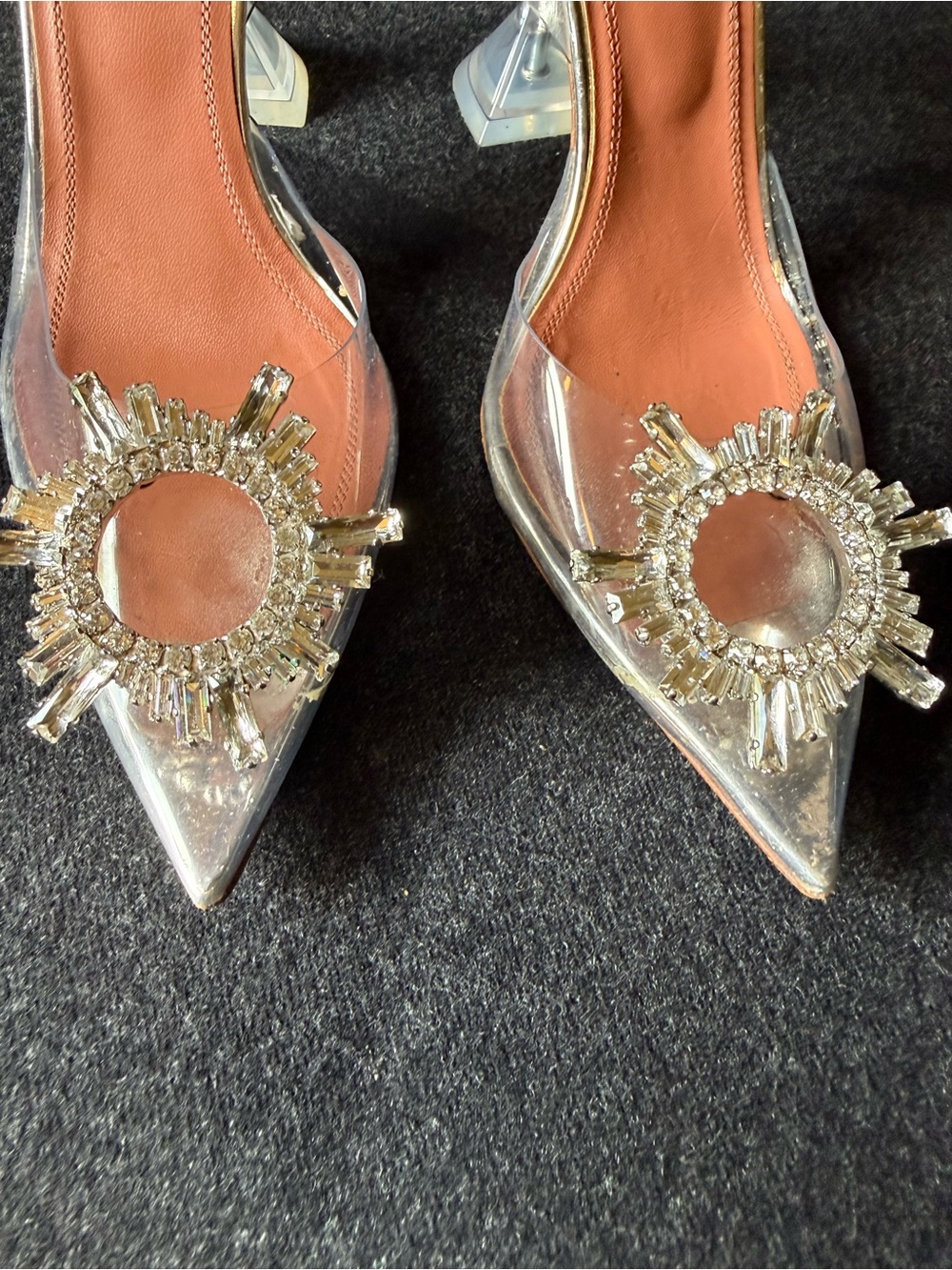 Amina Muaddi Clear Slingback Pumps with Crystal Sunburst - Tan Insole - Picture 2 of 7